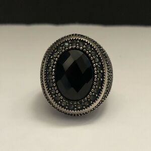 NWOT Premier Designs Jewelry Black Onyx Glass Clear Stone Silver Tone Ring 6.75